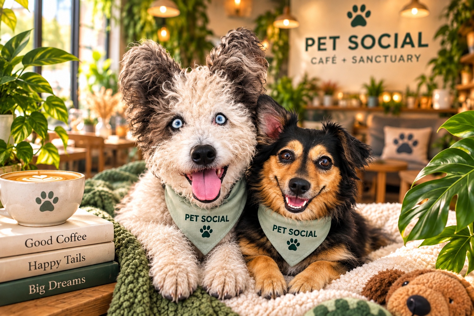 Blue and Bernie at Pet Social Café